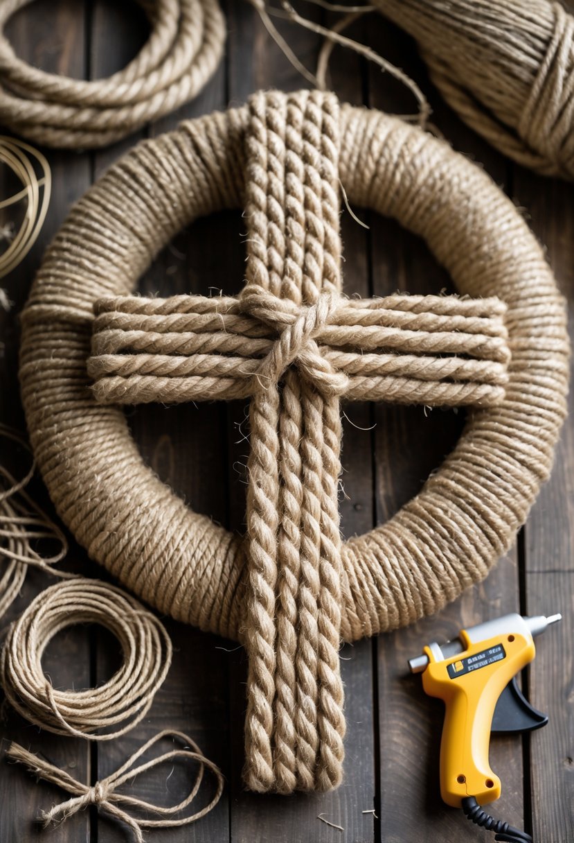 A handmade cross wreath made from jute rope and wire on a wooden surface, surrounded by crafting materials.