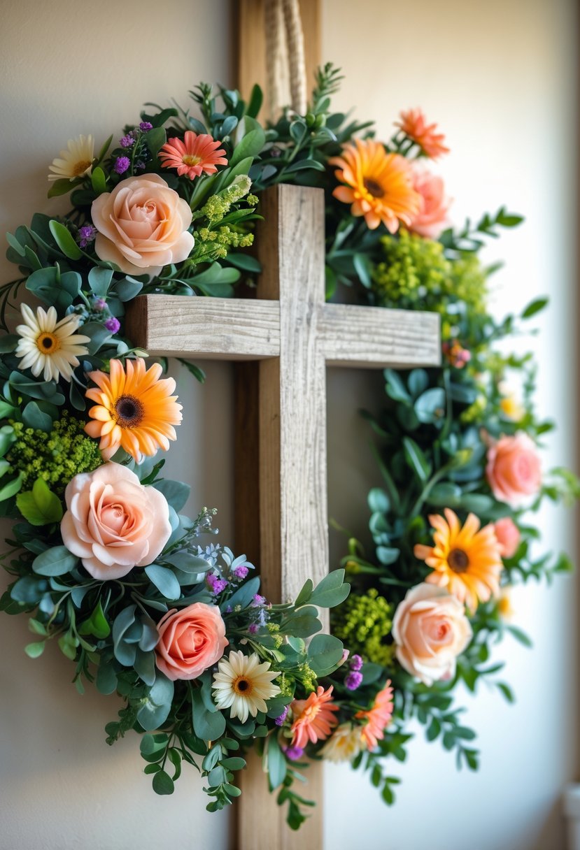 A floral cross wreath made of colorful artificial flowers hanging on a wall.
