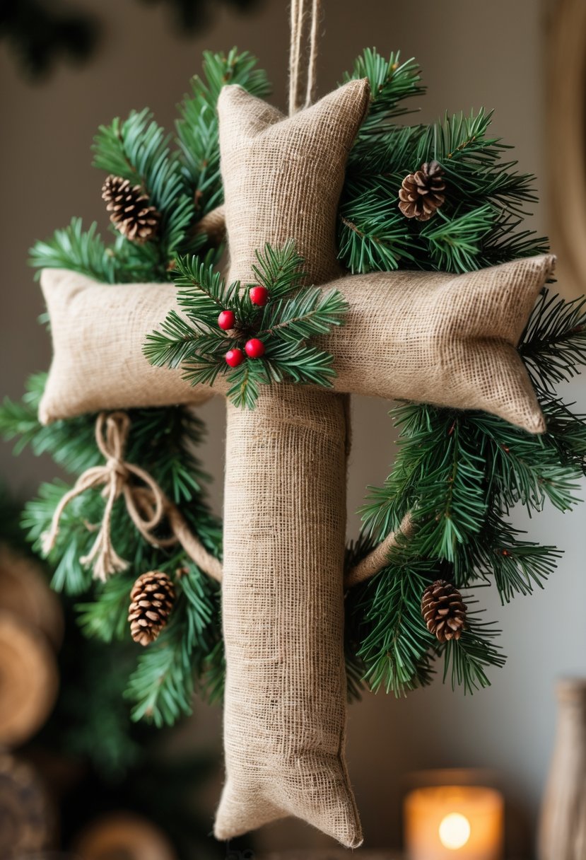 A rustic Christmas wreath shaped like a cross made from burlap and evergreen branches decorated with pine cones and red berries.