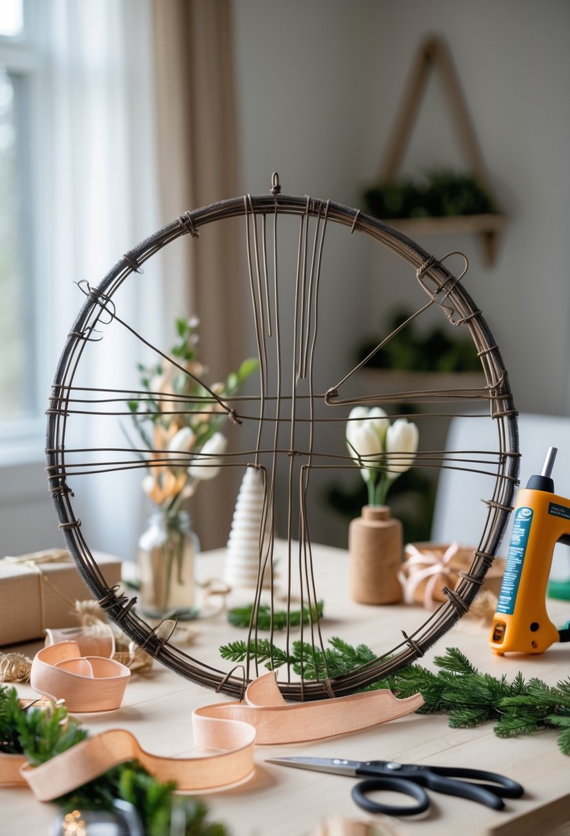 A cooling rack wire cross wreath frame on a wooden table surrounded by crafting supplies and decorative materials.