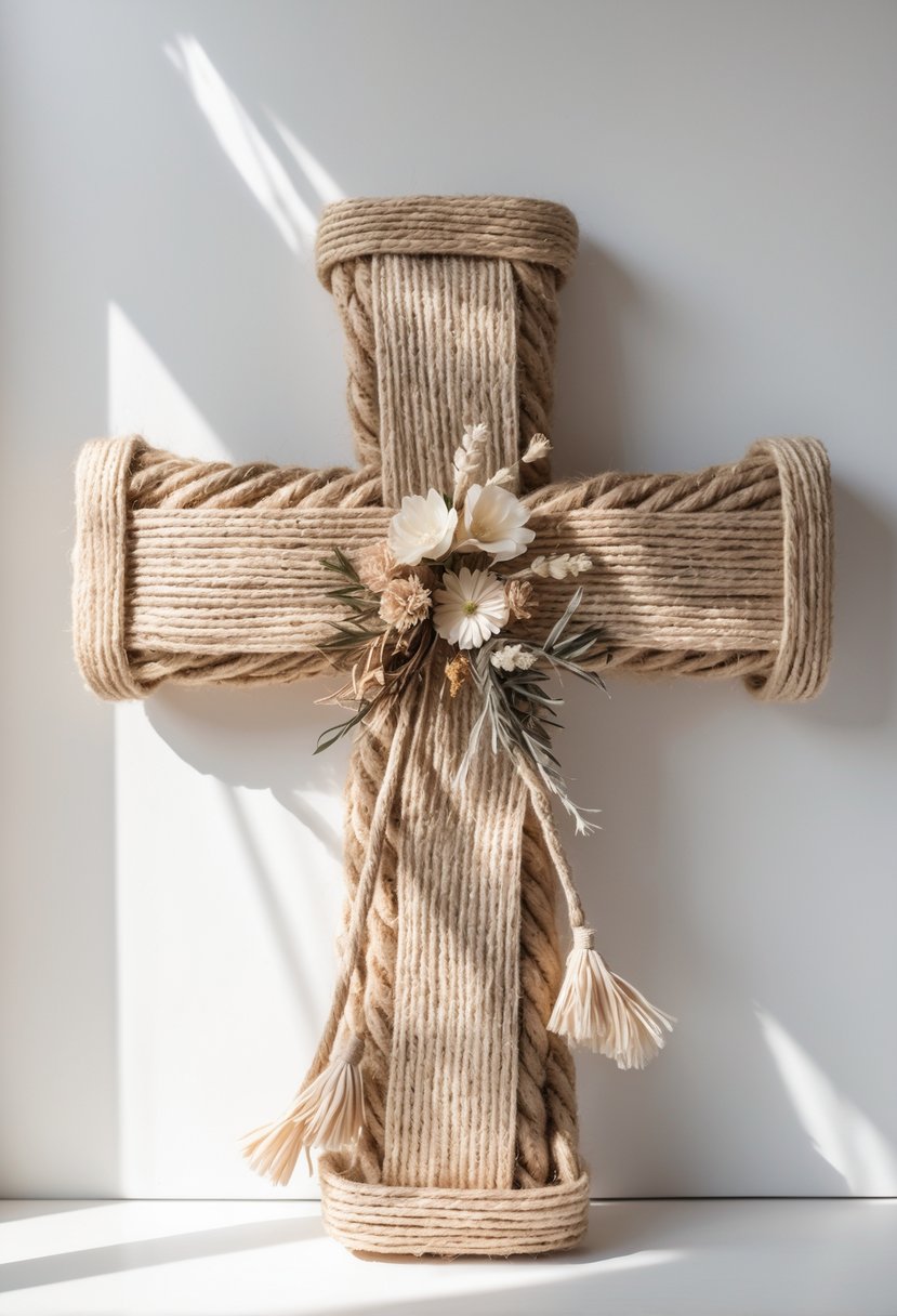 A cross-shaped wreath made of natural jute and rope displayed against a white background.