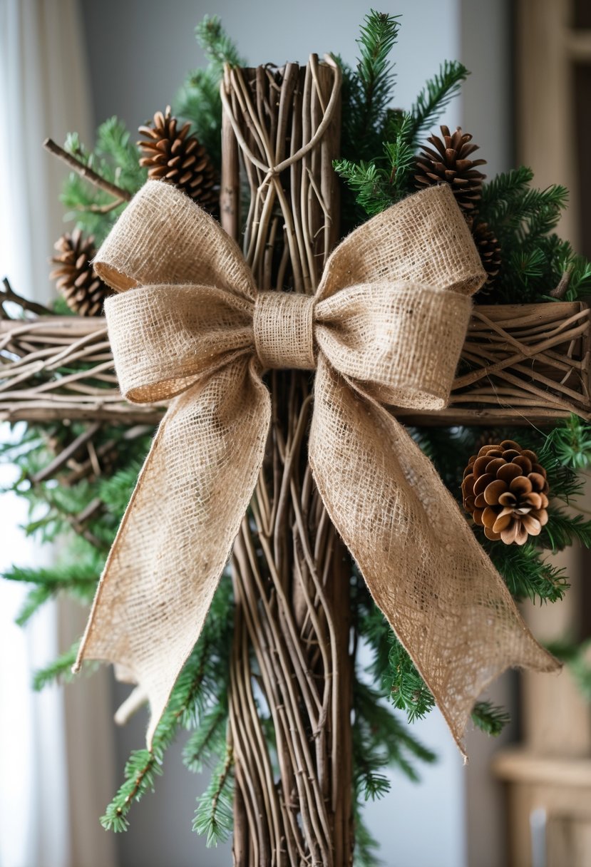 A cross-shaped wreath decorated with a burlap bow and pinecones on a neutral background.