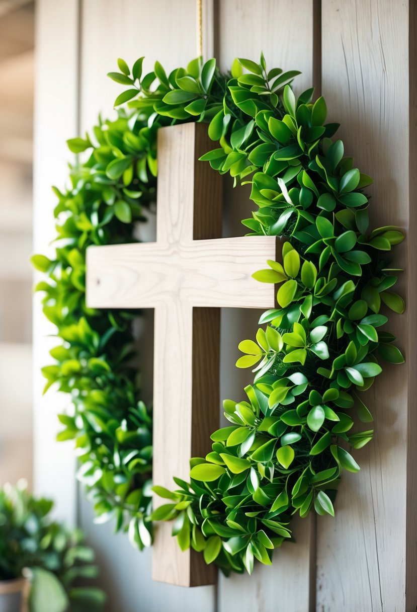 A simple cross-shaped wreath made of green faux leaves hanging on a wooden surface.