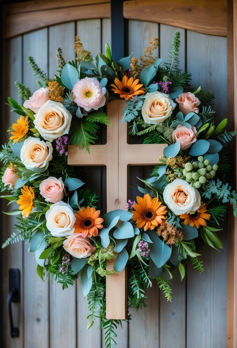 A floral cross wreath made of colorful flowers and greenery hanging on a wooden door.