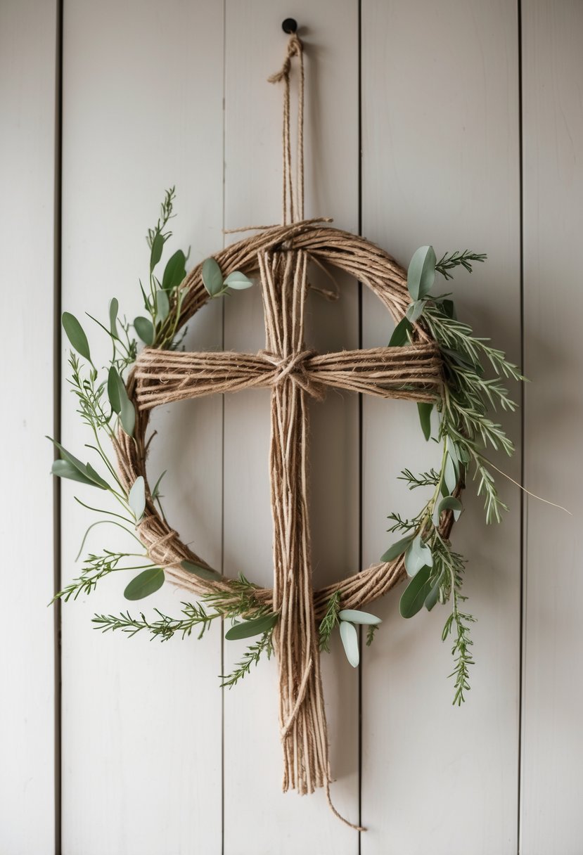 A minimalist cross wreath with twine accents hanging on a light wooden surface.