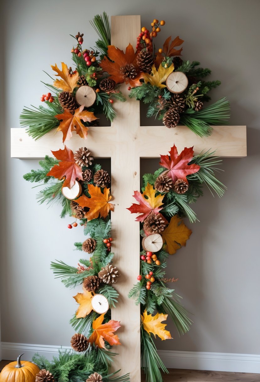 An oversized decorative cross wreath made with mixed seasonal flowers and foliage displayed against a plain background.