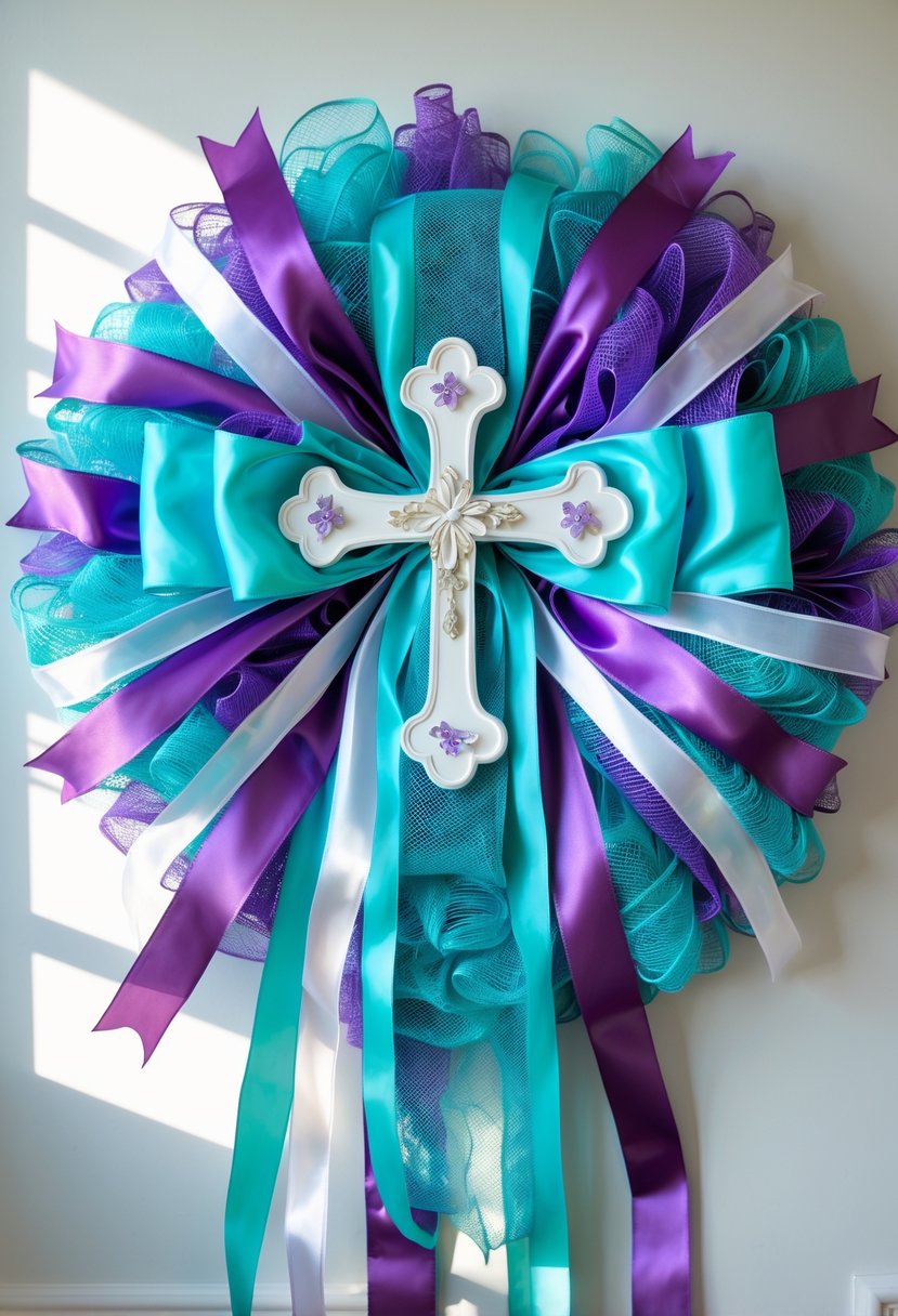 A colorful cross-shaped wreath made of mesh and ribbon displayed against a plain background.