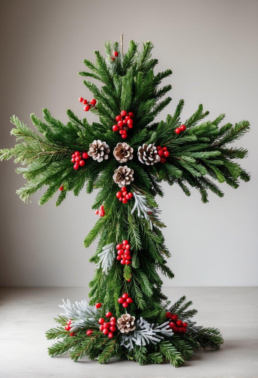A Christmas cross wreath made of evergreen branches and red berries displayed against a neutral background.