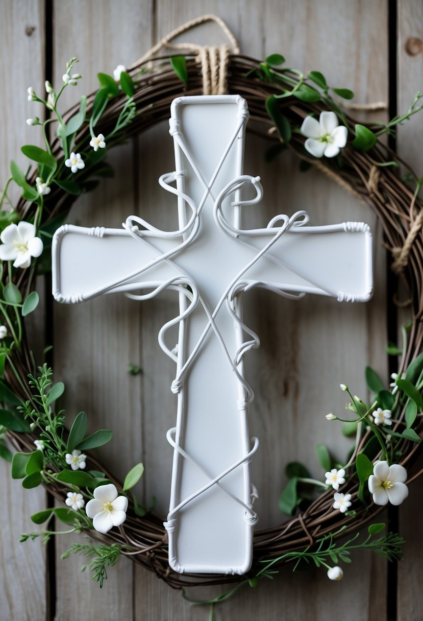 A white wire cross wreath decorated with greenery and small white flowers on a wooden surface.