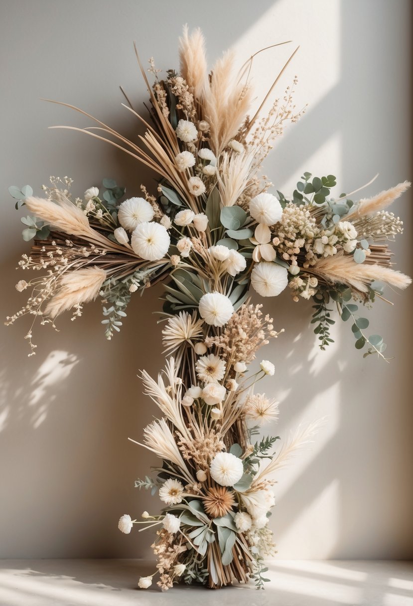 A cross-shaped wreath made from dried flowers displayed against a plain background.