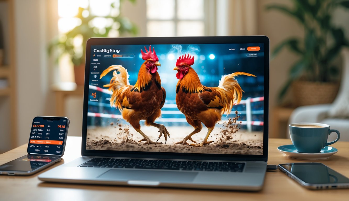 Seorang pria menggunakan laptop di meja dengan layar yang menampilkan laga sabung ayam yang seru, di sekitarnya terdapat ponsel dan cangkir kopi.