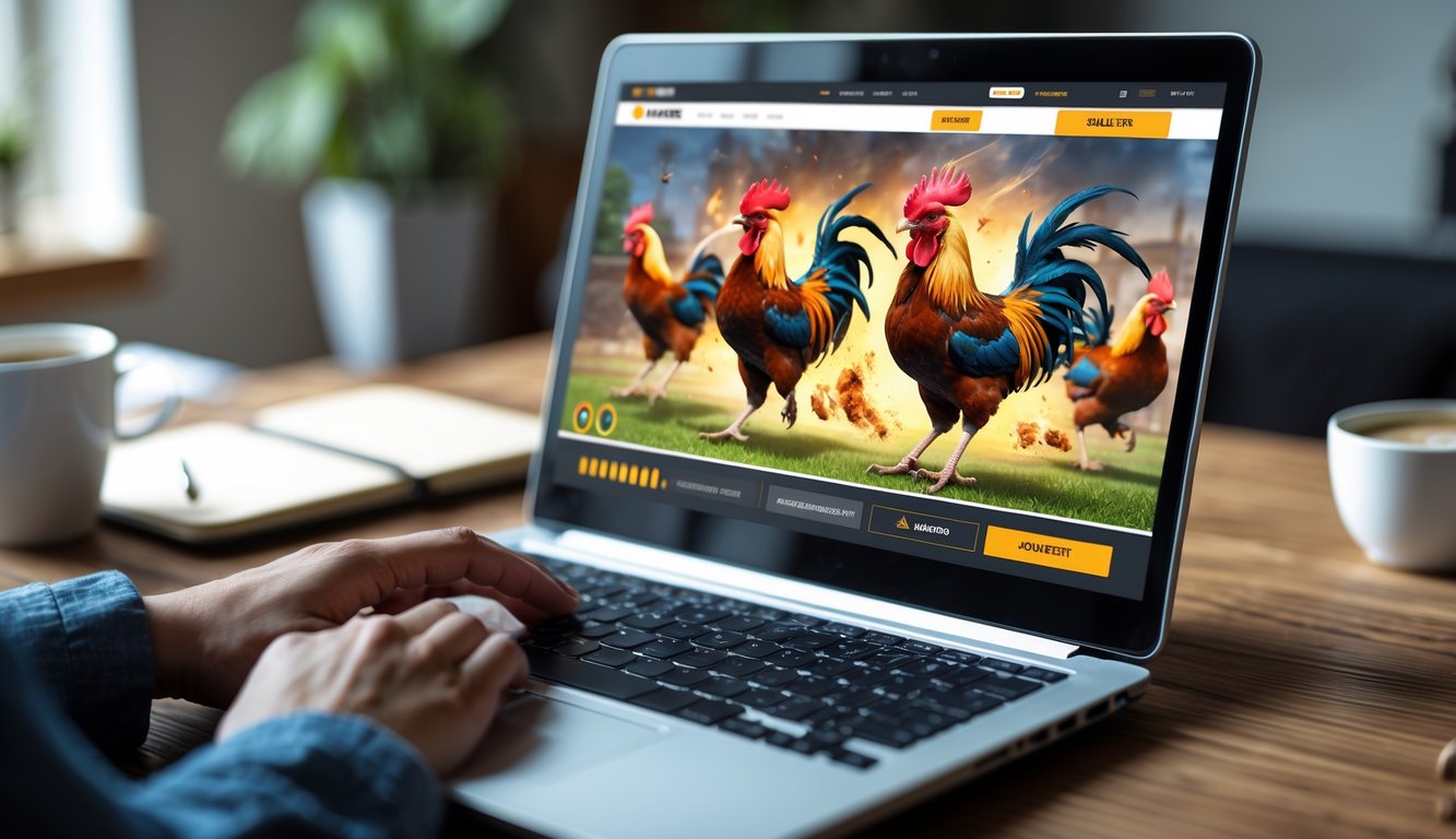 Seseorang menggunakan laptop yang menampilkan permainan sabung ayam online dengan latar ruang kerja yang nyaman.