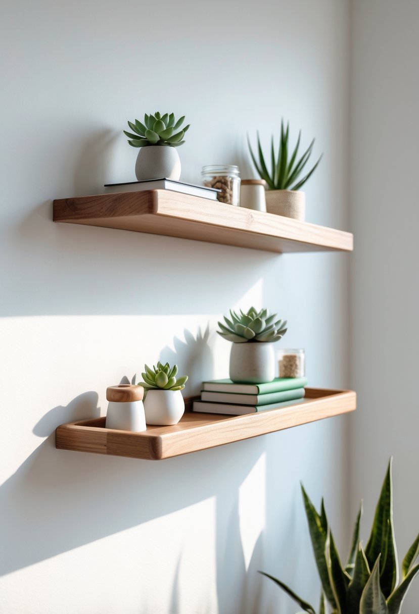 A wooden floating shelf mounted on a wall holding small plants, books, and decorative items.