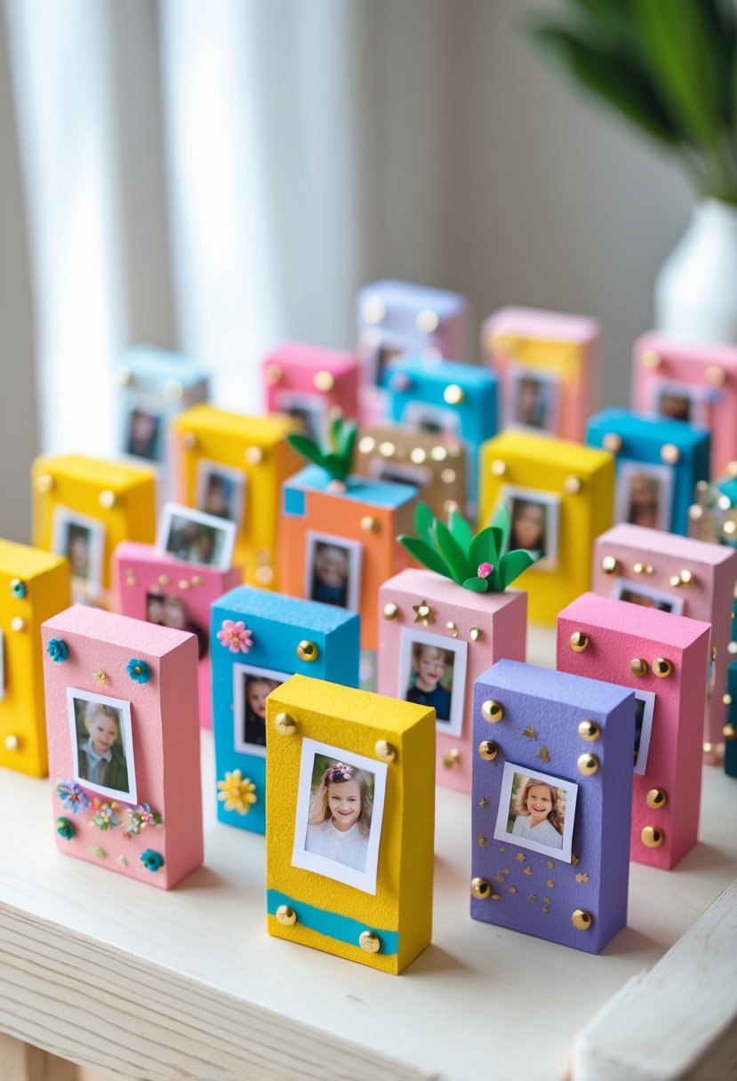 A collection of 16 decorated mini Jenga block photo holders displaying small photos on a wooden surface.