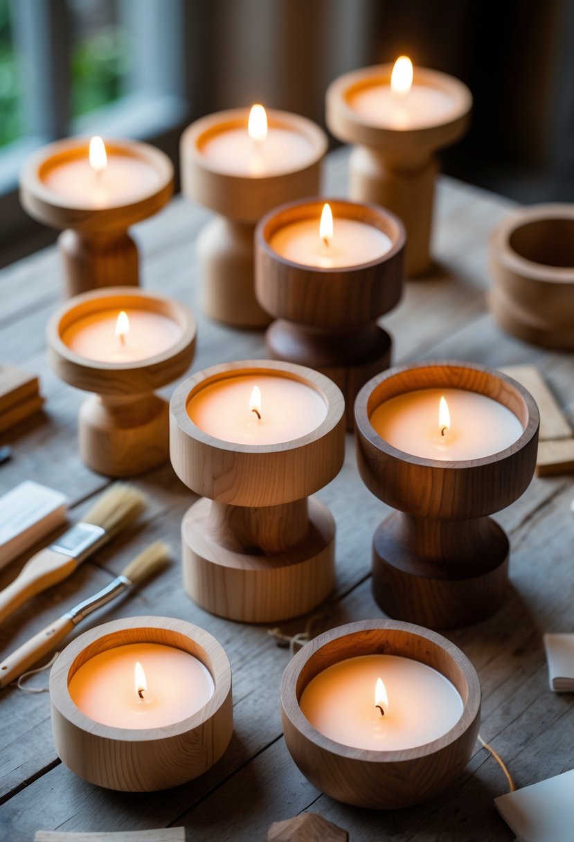 Several wooden candle holders with lit candles arranged on a wooden surface with crafting tools nearby.
