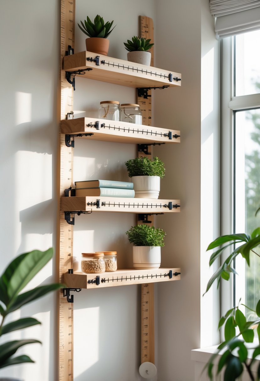 A wooden ruler shelf with metal hinges mounted on a wall holding plants, books, and decorative items.