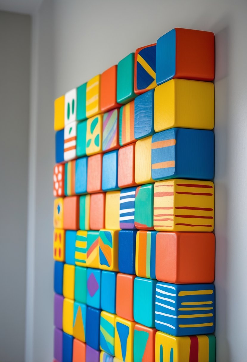 Colorful painted Jenga blocks arranged as wall art on a neutral wall.