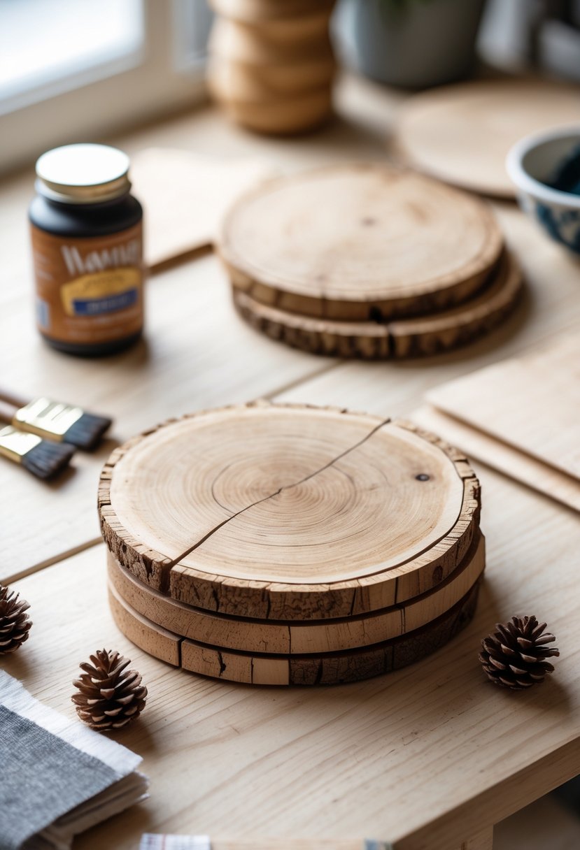 A set of rustic wooden coasters on a table with crafting materials like paintbrushes and wood stain nearby.