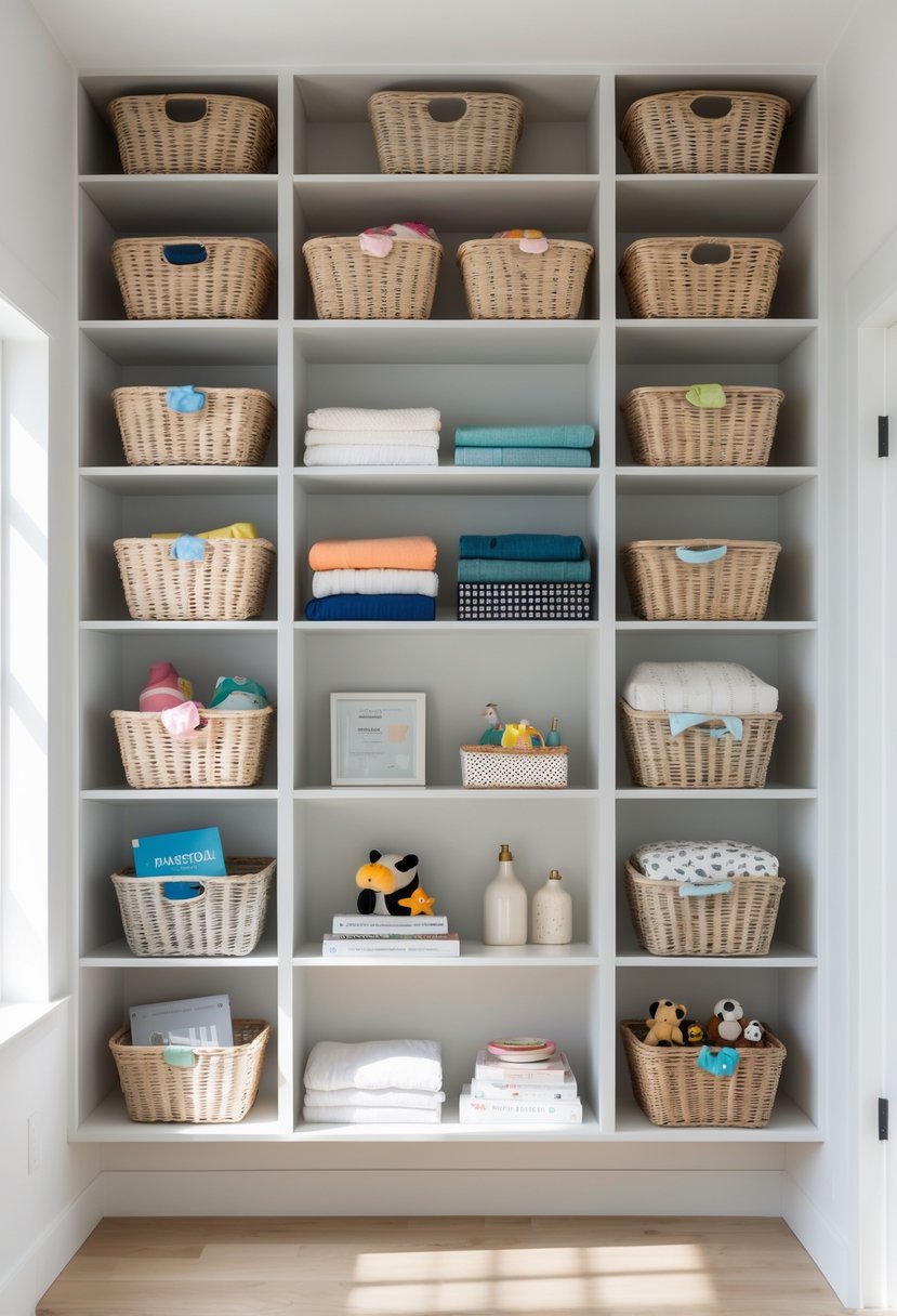 A neatly organized basket storage shelf with 15 baskets holding household items in a bright home setting.
