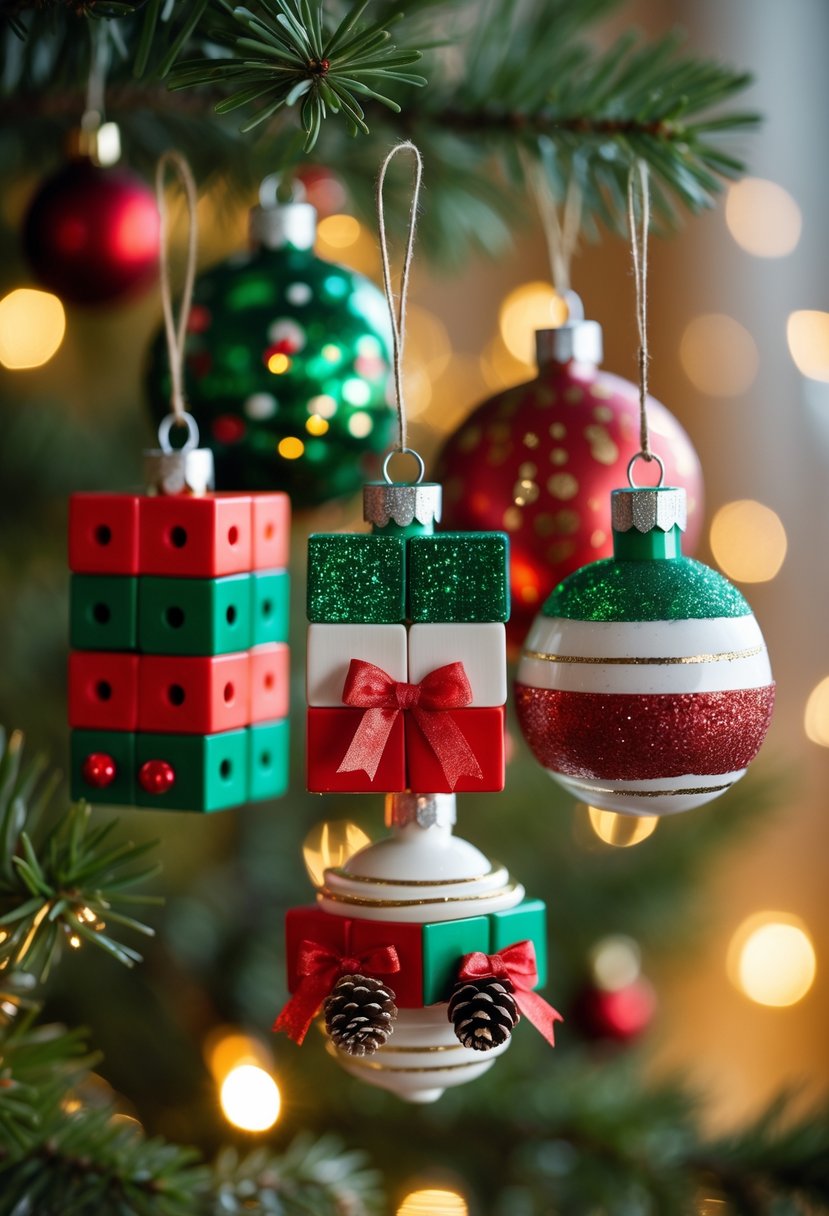 Close-up of Christmas ornaments made from decorated Jenga blocks hanging on a tree branch with holiday lights in the background.
