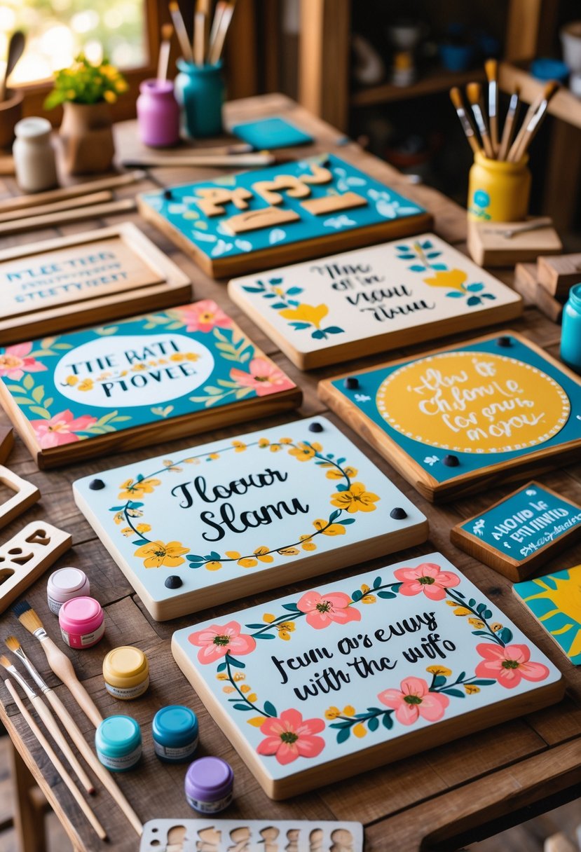 A collection of painted wooden signs and crafting supplies arranged on a wooden table.