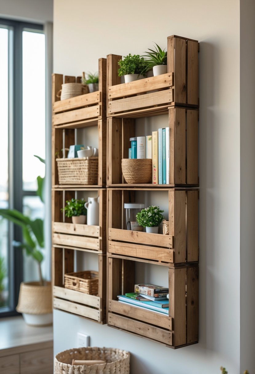 Wall-mounted wooden crate shelf filled with books, plants, and decorative items in a tidy home setting.
