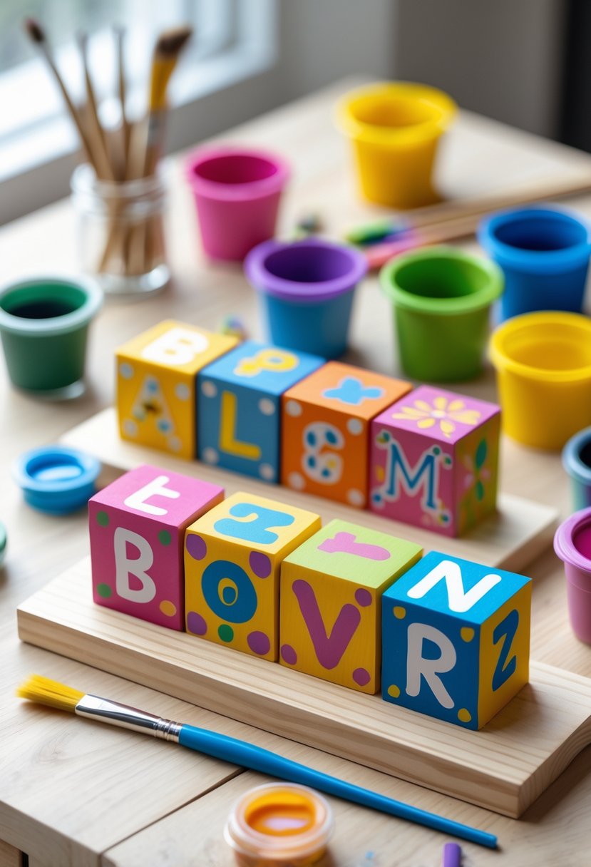 A set of colorful personalized wooden name blocks for kids arranged on a table with craft supplies like paintbrushes and markers nearby.
