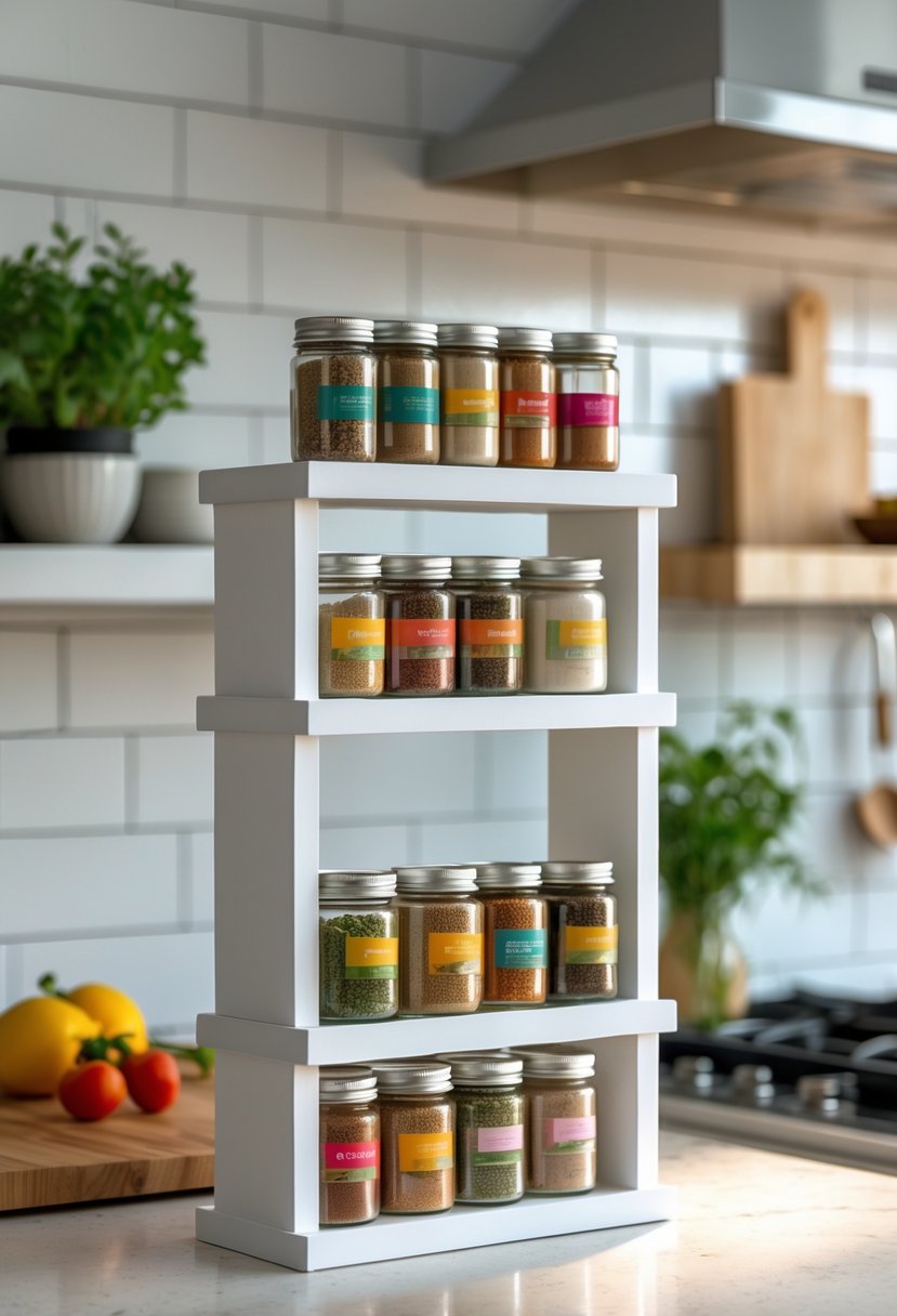 A neatly organized kitchen spice rack with multiple small jars of spices on white shelves in a modern kitchen setting.