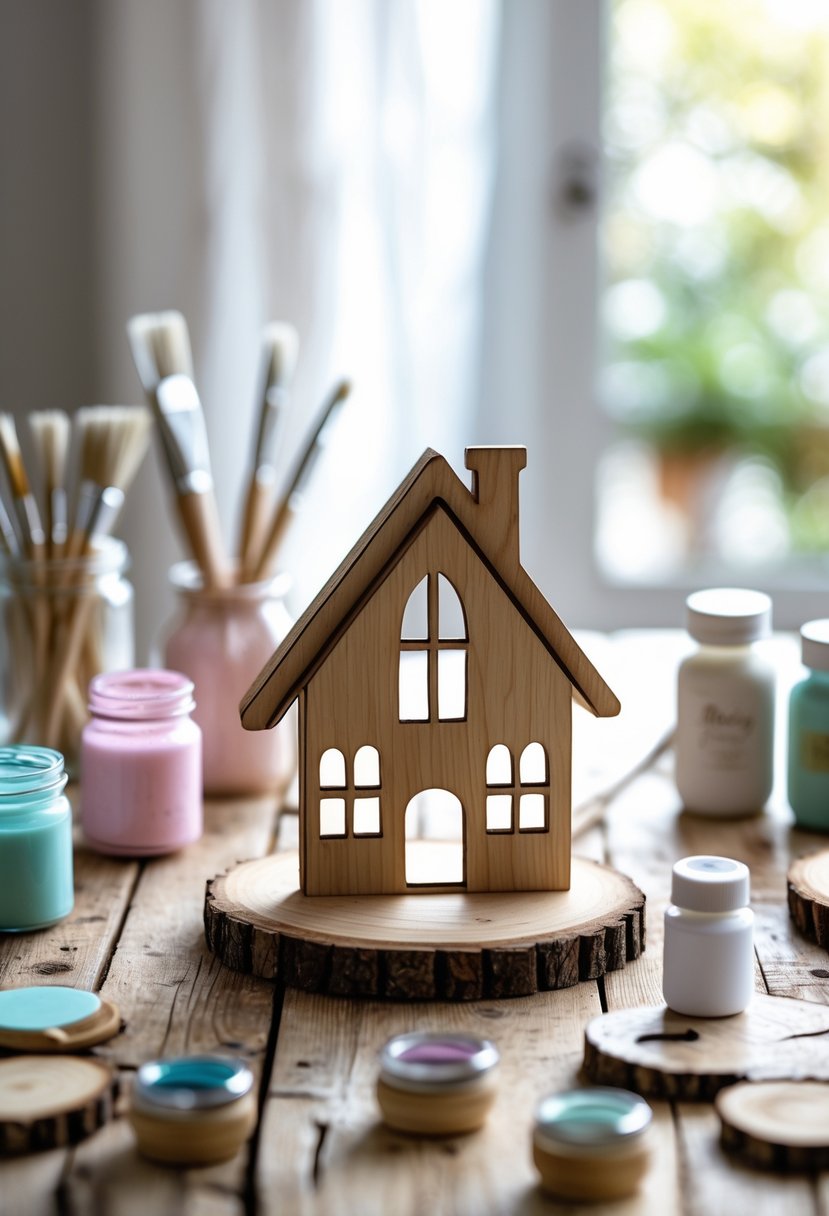 A wooden house cutout decor on a wooden table surrounded by paintbrushes, paint jars, glue, and crafting tools.
