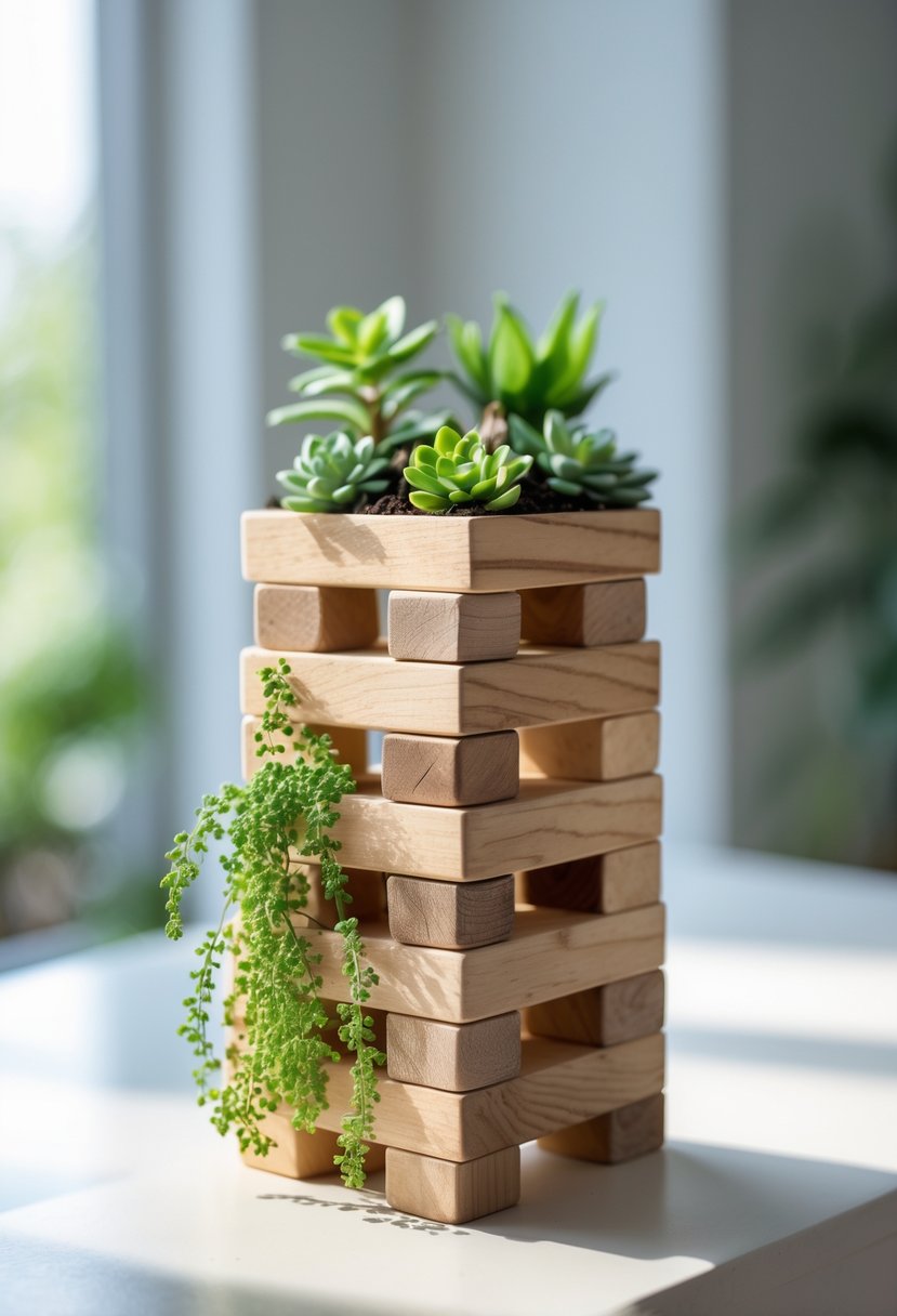 Stacked wooden Jenga blocks used as small planters holding green succulent and flowering plants on a bright surface.