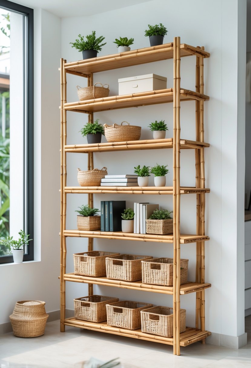 A bamboo shelf unit with baskets, plants, and storage boxes in a bright, organized living space.