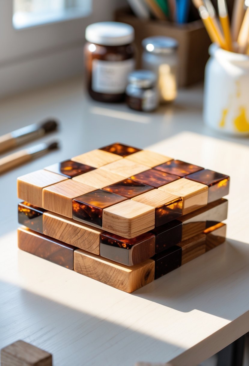 A set of wooden Jenga block coasters with a shiny resin finish arranged on a wooden table with craft supplies blurred in the background.
