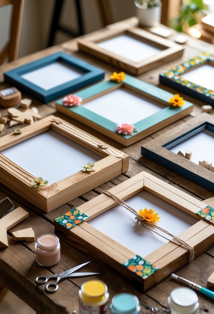 A table with various customized wooden picture frames and crafting supplies arranged for a DIY wood craft project.