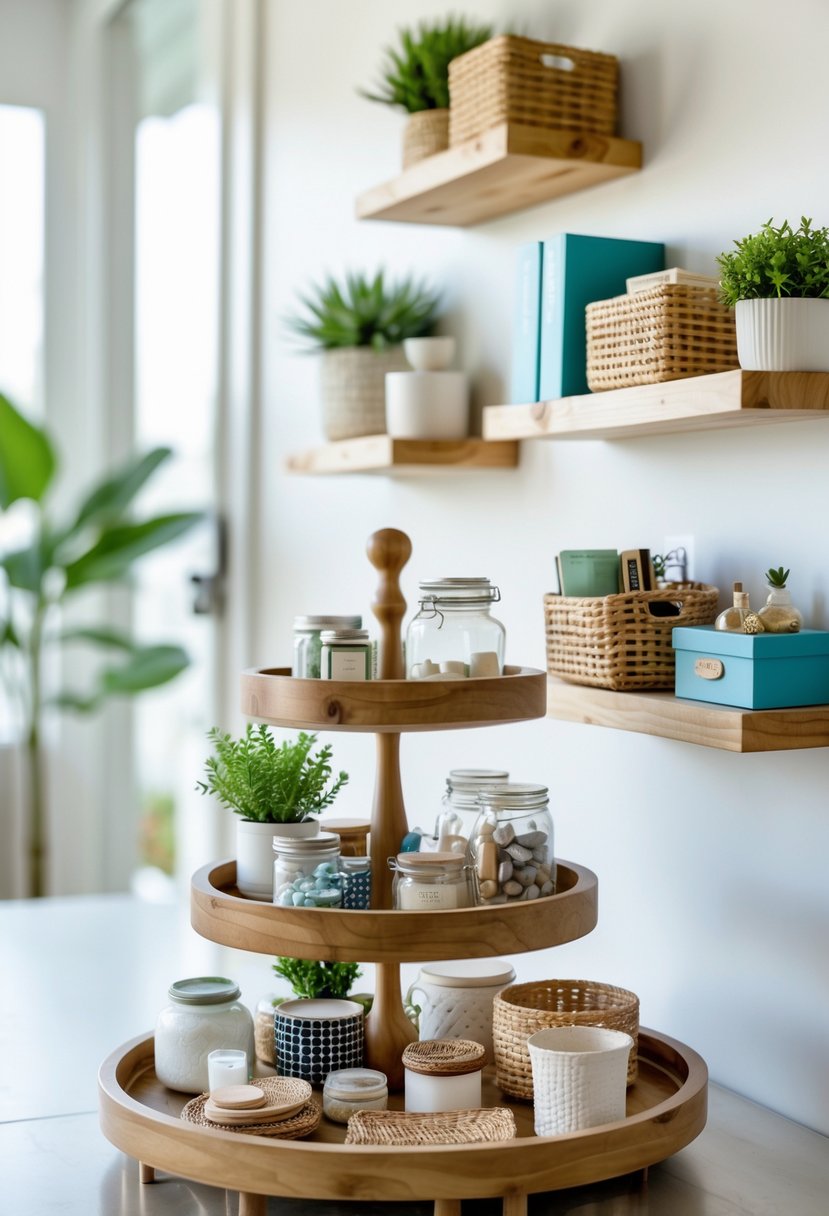 A tiered wooden tray organizer and several wall shelves filled with neatly arranged household items in a bright, organized home setting.