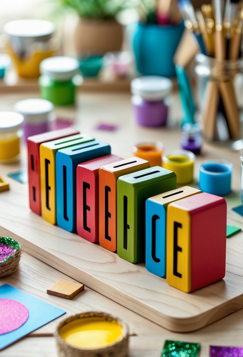 Wooden lettered blocks arranged on a table with painting and crafting supplies nearby.