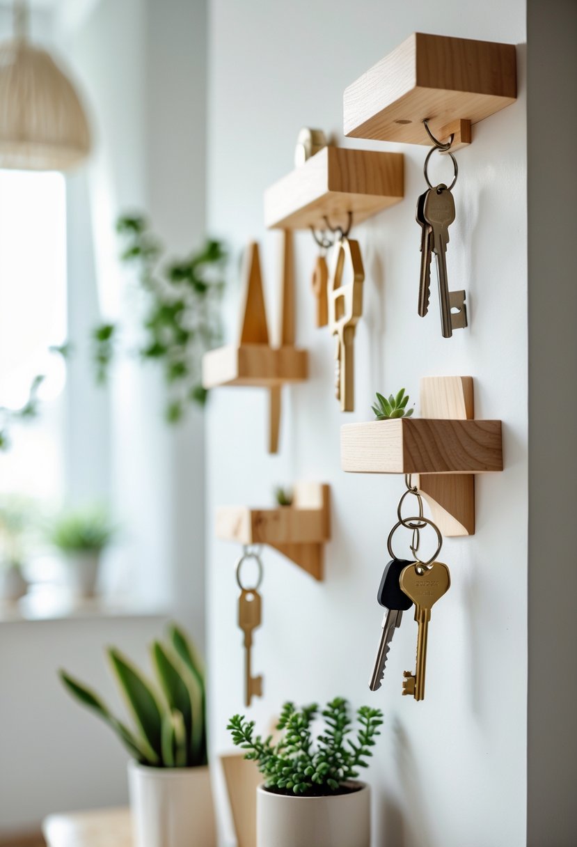 A collection of wooden key holders mounted on a wall with keys hanging from hooks, surrounded by small plants and home decor items.