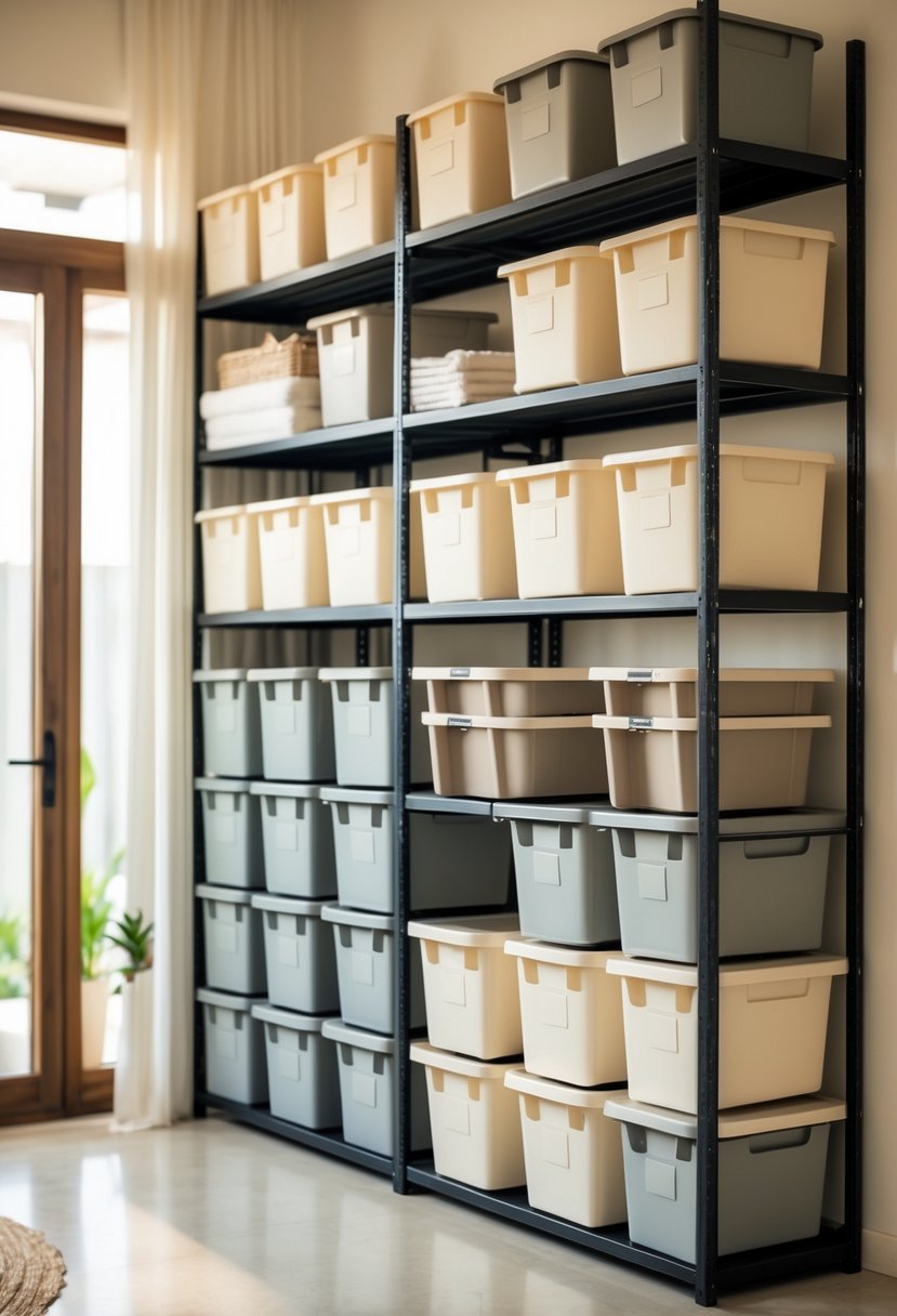 A shelving unit filled with neatly stacked plastic storage bins in a clean, organized home setting.