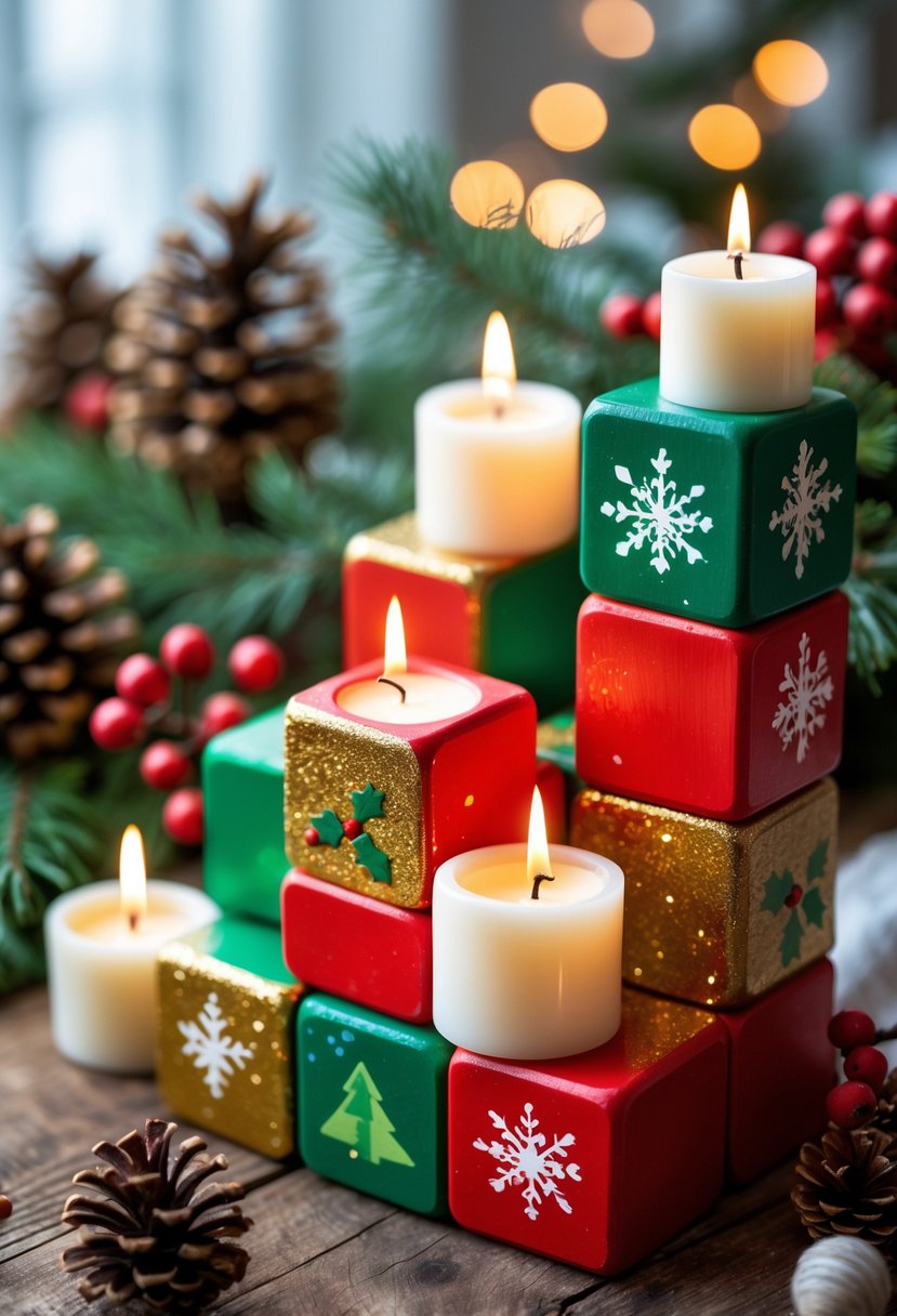 A set of colorful Jenga block candle holders with lit candles arranged on a wooden table surrounded by holiday decorations.