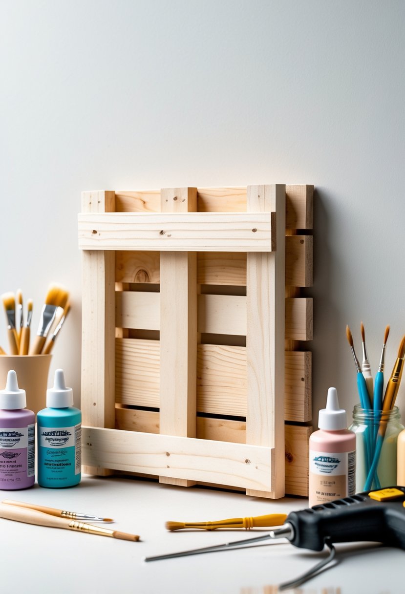 A small wooden pallet art piece displayed with paintbrushes, paint bottles, scissors, and a glue gun on a clean surface.