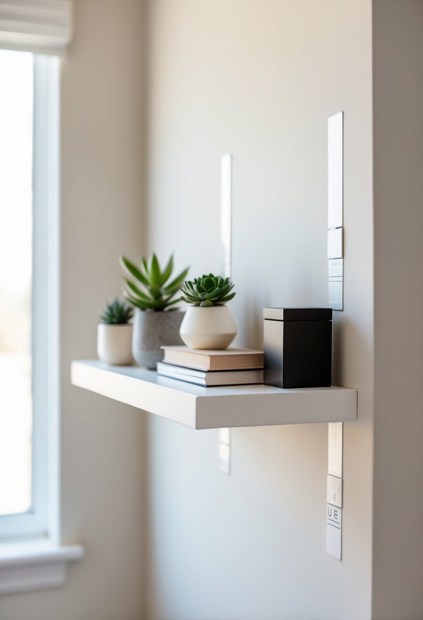 A floating shelf mounted on a wall with small plants, books, and storage containers arranged neatly on it.