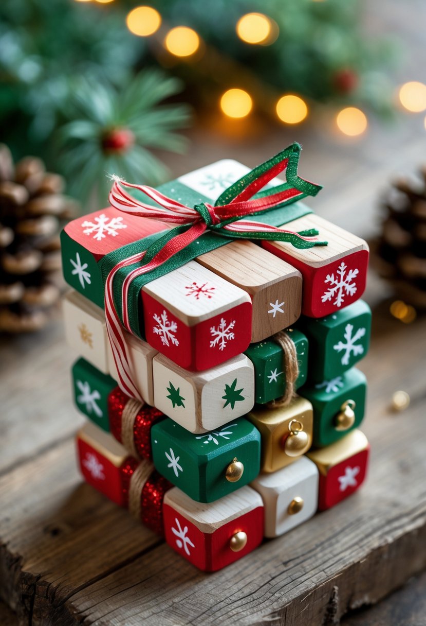 Stacked wooden Jenga blocks decorated as holiday gift tags with festive colors and small ornaments on a wooden surface with holiday decorations in the background.