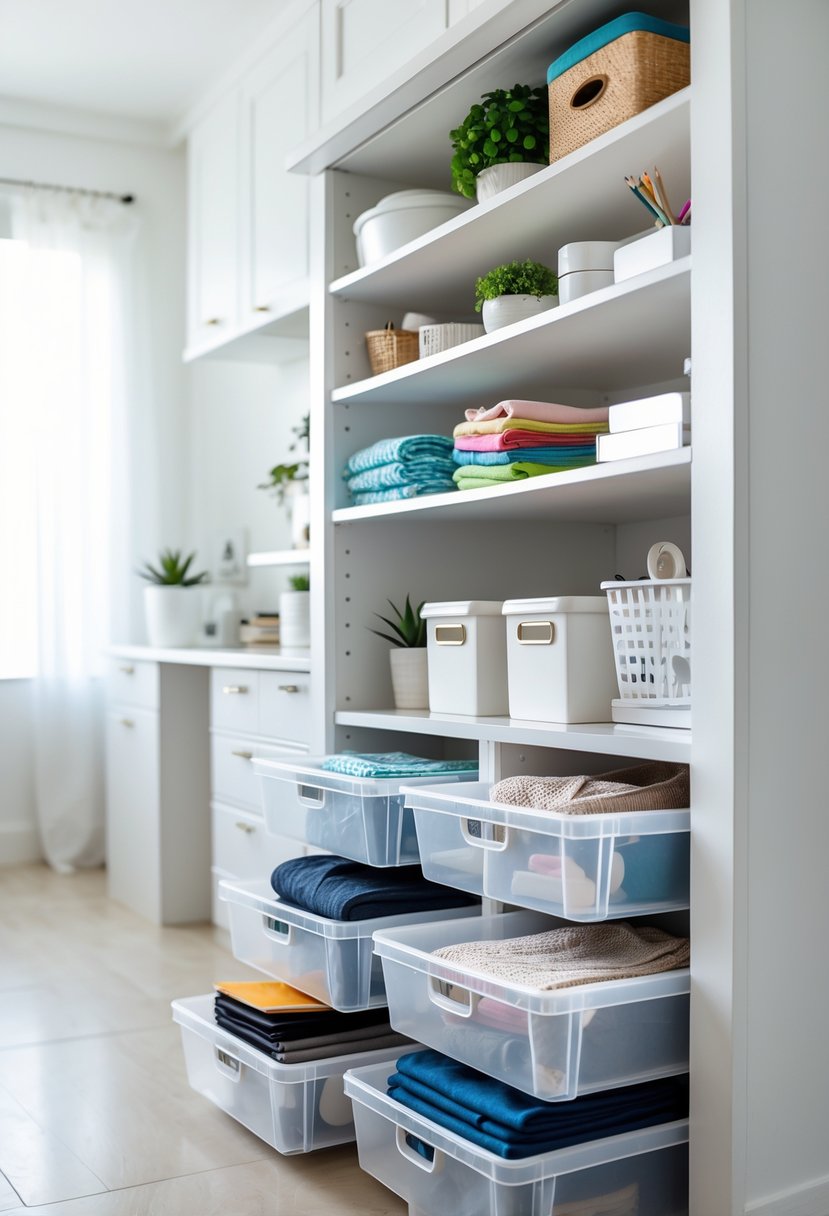 A plastic drawer organizer shelf filled with neatly arranged household items in a clean home setting.