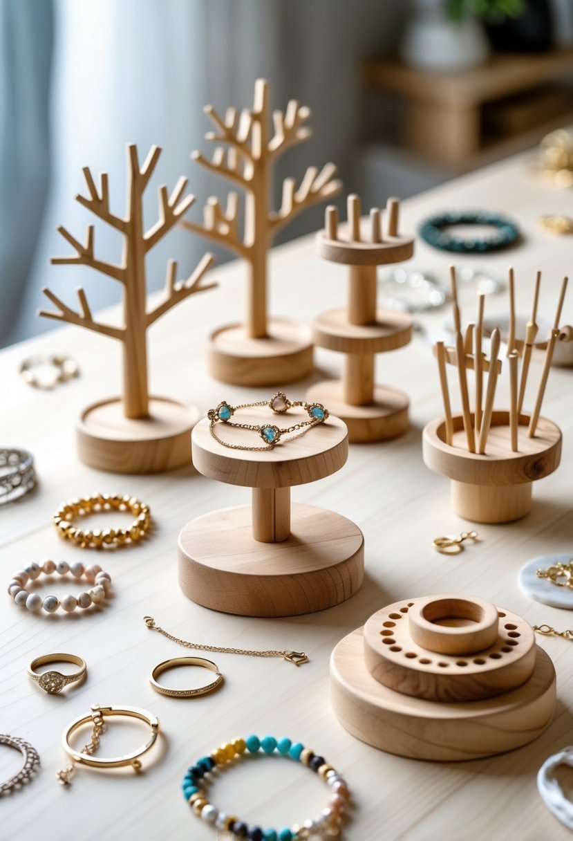 Wooden jewelry holders with various designs displayed on a table holding rings, bracelets, and necklaces.