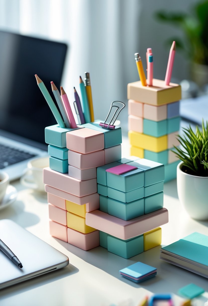 A desk with Jenga blocks used as organizers holding pens, pencils, and office supplies alongside a laptop and a small plant.