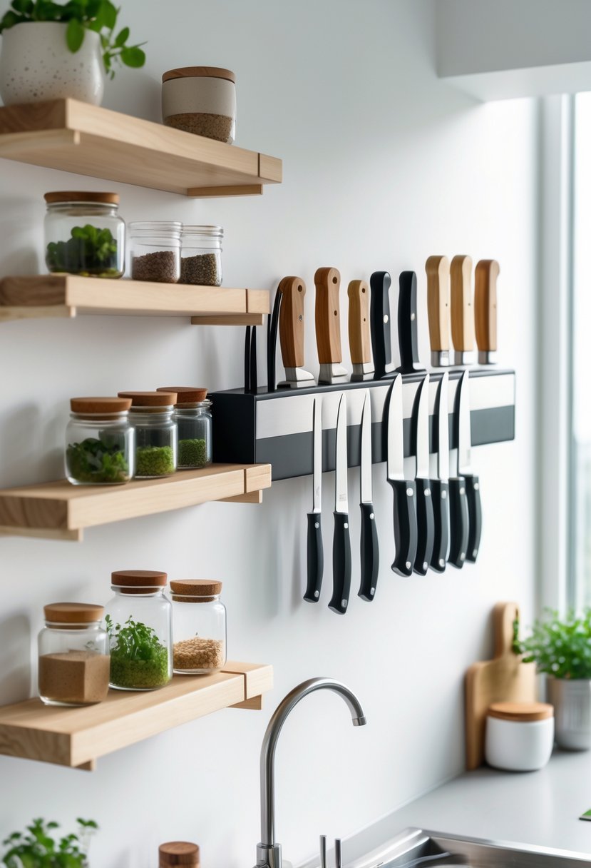 A kitchen wall with a magnetic knife holder shelf displaying knives and nearby wooden shelves holding jars, plants, and kitchen items.