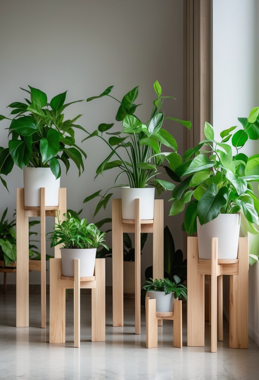 Several wooden plant stands holding green houseplants arranged indoors on a neutral background.