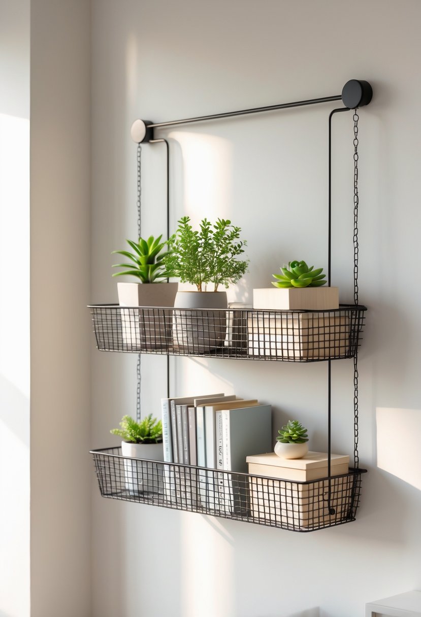 Wire basket hanging shelf mounted on a wall holding plants, books, and storage boxes for home organization.