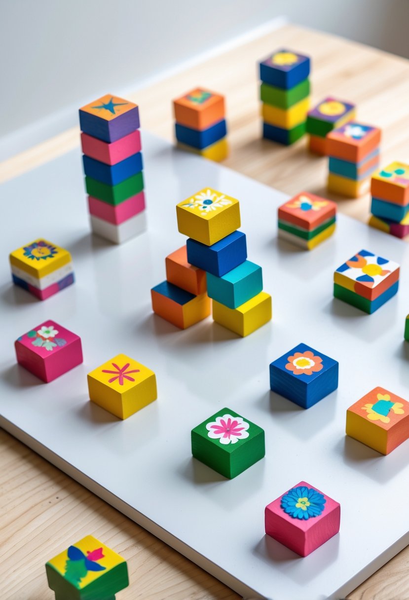 A collection of colorful mini wooden Jenga block magnets arranged in creative patterns on a light wooden surface and a white metal board.