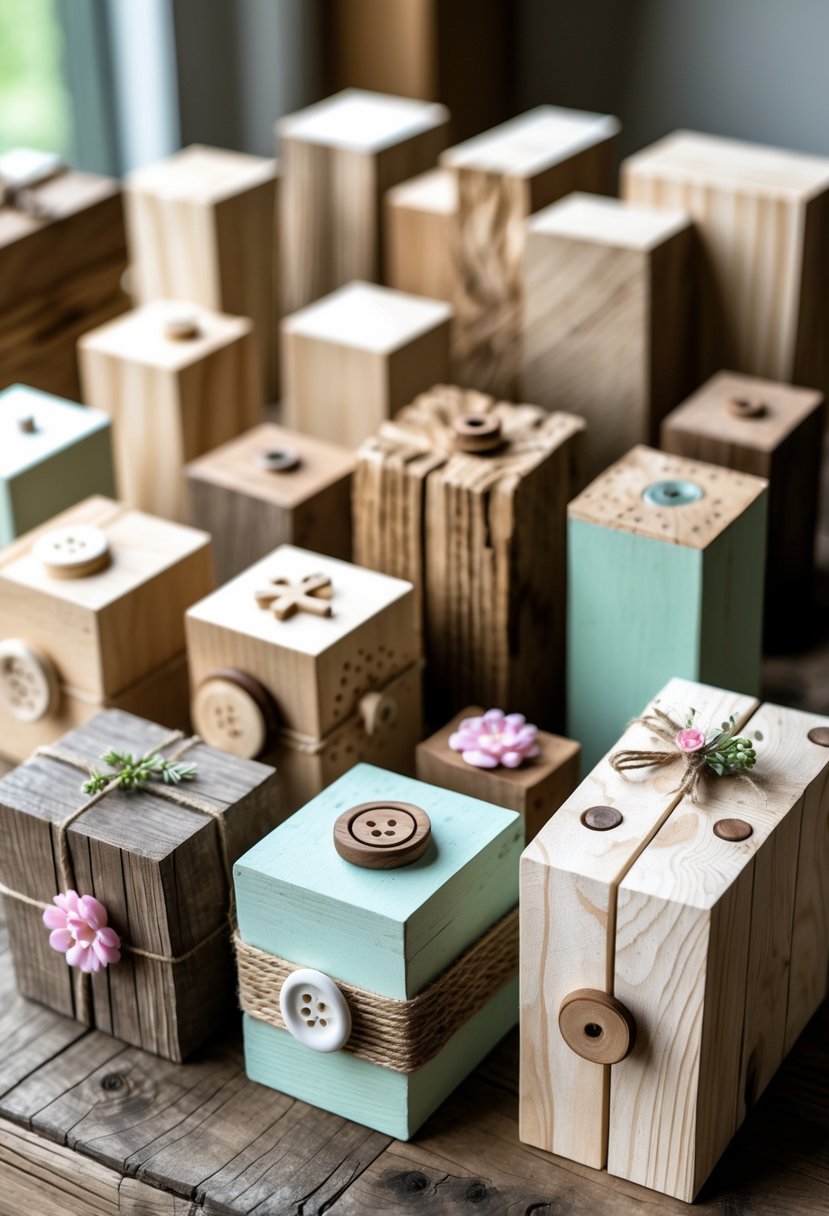 A collection of decorative wooden blocks arranged on a wooden table, featuring various DIY craft designs and natural wood textures.