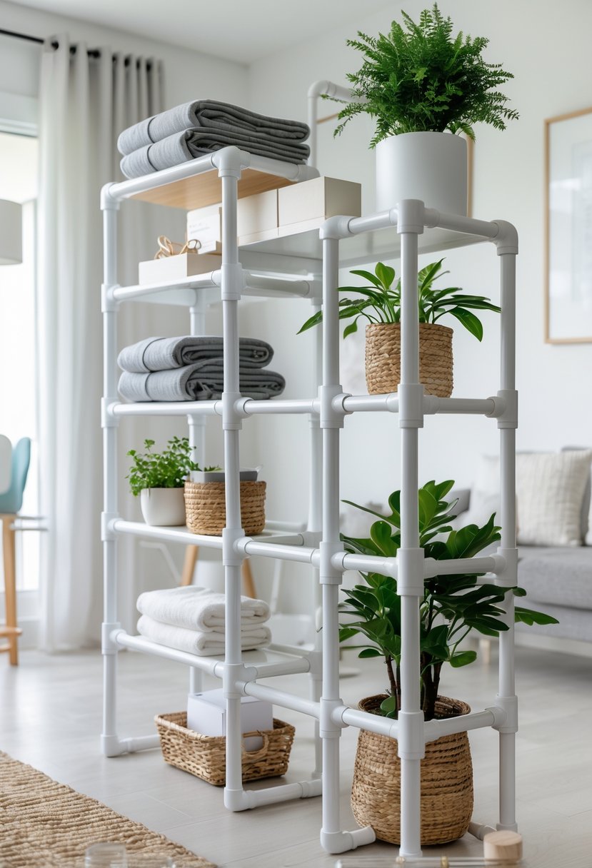 A modular PVC pipe shelf system holding household items like towels, storage bins, books, and plants in a bright, organized living space.